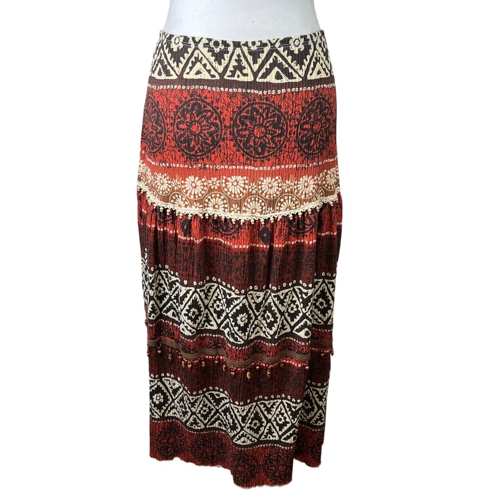 Notations Womens Boho Orange Geometric Beaded Tiered Maxi Skirt Size‎ S USA Made